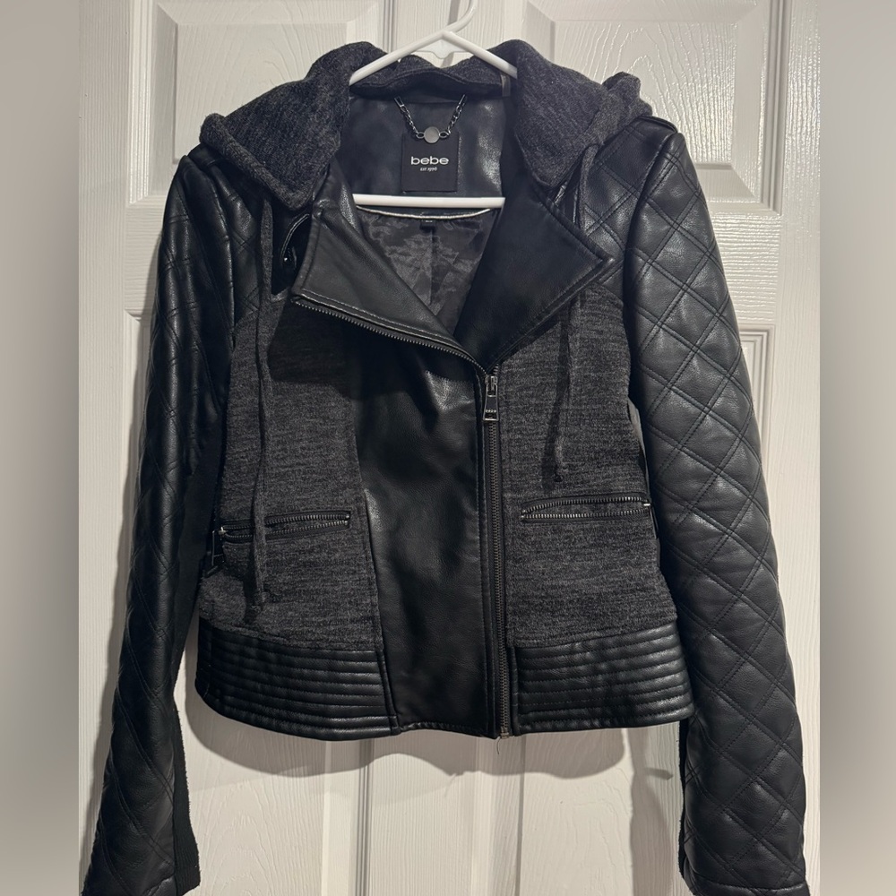 Bebe Black Faux Leather Jacket w/ detachable hood. Size Small. Great condition!